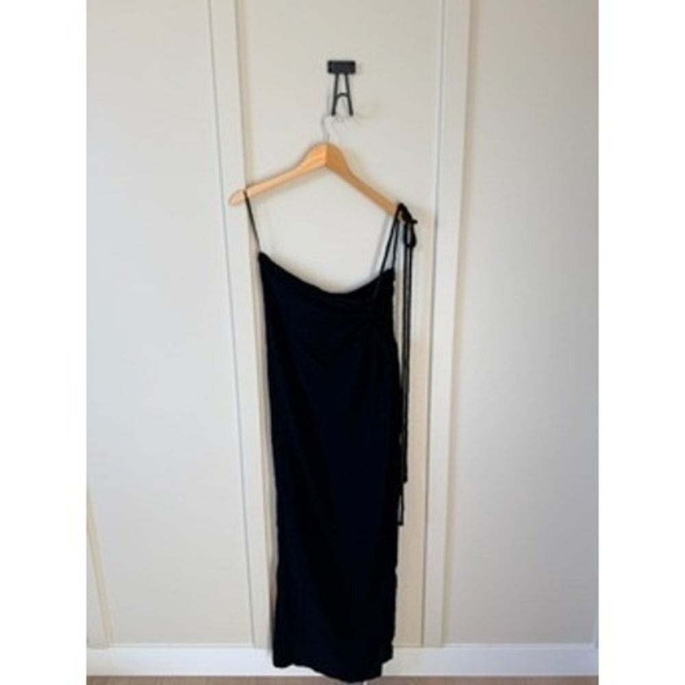 JLUXLABEL Womens Black One Shoulder Rope Strap Maxi Dress Side Slit Size Medium